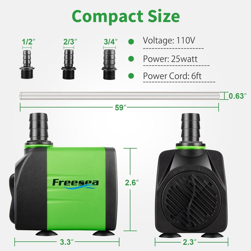 FREESEA Submersible Aquarium Fountain Pump: 400GPH 25W Adjustable Ultra Quiet Small Fish Tank Water Pump with 5ft Tubing for Outdoor | Pond | Hydroponic | Waterfall - Image 5